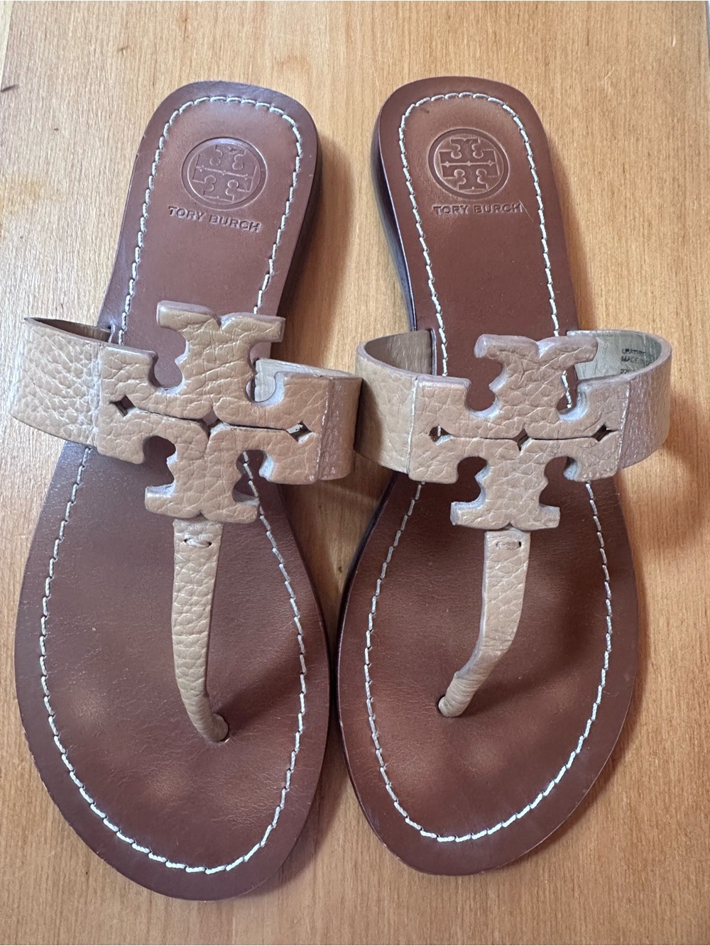 Tory Burch Beige Tan Leather Logo Thong Sandals